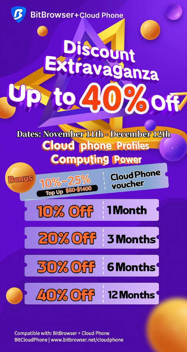 BitBrowser2's tweet image. 🎉 November Spectacular is coming!
💻 #BitBrowser &amp;amp; #BitCloudPhone up to 55% OFF!
🗓 Nov 11 – Dec 12
💰 Recharge to get extra Cloud Phone vouchers (up to 25%)!
👉 Don’t miss it → bitbrowser.net
#NovemberSpectacular #DiscountExtravaganza #BlackFridayDeals