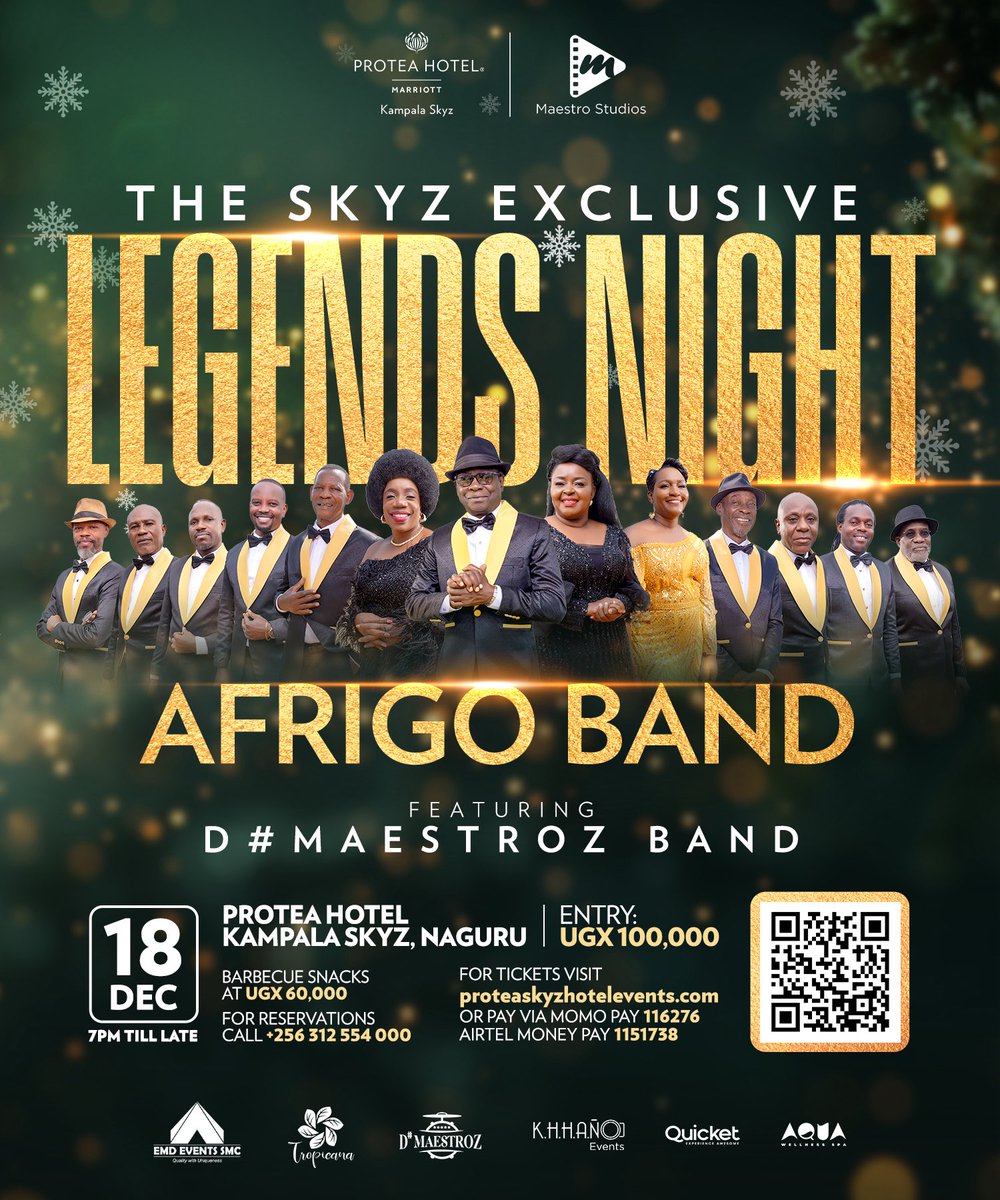 Some of the things that make the festive experience special is music, and yes classic music or oldies will always remind you alot about Christmas. 

AFRIGO BAND will be performing at <a href="/SkyzHotel/">Protea Hotel by Marriott® Kampala Skyz</a> in an Exclusive Legends Night on 18th December. 

📌 Tickets: UGX 100K 
#SkyzHotel