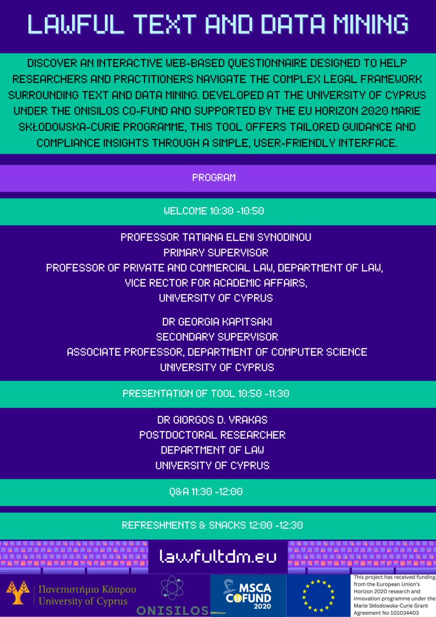 ONISILOSUCY's tweet photo. ✉️You’re Invited!   
Within the scope of his ONISILOS MSCA COFUND research project, Dr. Vrakas invites you the presentation of their new web-based questionnaire tool designed to help researchers and practitioners navigate the legal landscape of Text and Data Mining (TDM). https://t.co/ByY3uxNv2v
