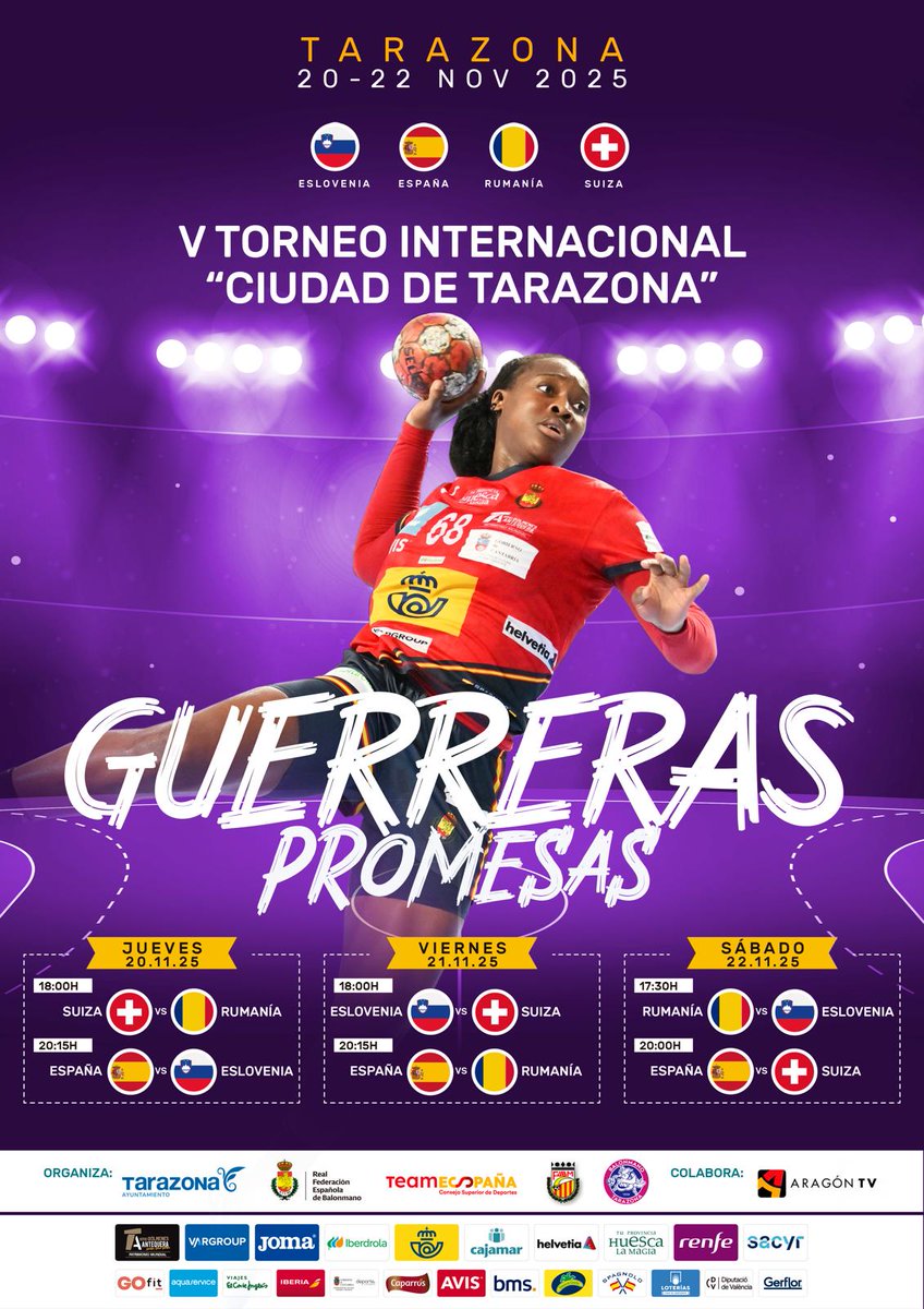 📣 Del 20 al 22 de noviembre, nuestra ciudad acoge el V Torneo Internacional “Ciudad de Tarazona”.

🇸🇰 Eslovaquia
🇪🇸 España
🇷🇴 Rumanía
🇨🇭 Suiza

Cuatro países, tres días de competición y una misma pasión: el deporte

#Tarazona #TorneoInternacional #CiudadDeTarazona