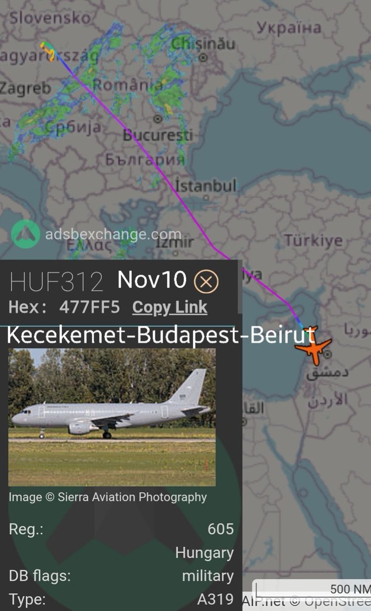 LebanonJets's tweet photo. #Hungary AirForce A319 #605 #477FF5 morning out of Kecekemet to Budapest & now into Beirut as #HUF312 same aircraft was here on Sep24, hidden from most commercial tracking sources https://t.co/nkTba1TX9N
