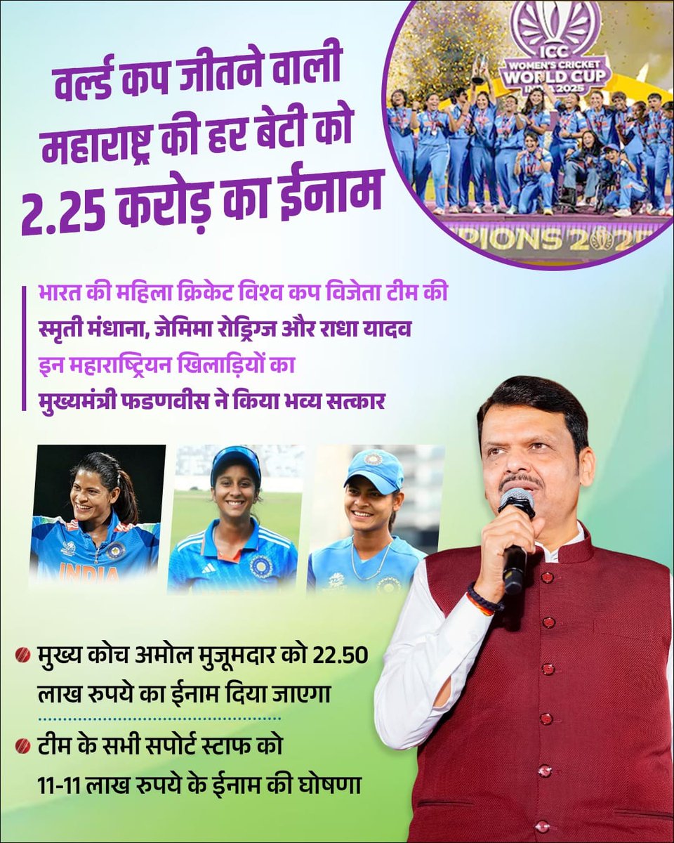 Maharashtra shines with pride as CM <a href="/Dev_Fadnavis/">Devendra Fadnavis</a> ji honours Smriti Mandhana, Jemimah Rodrigues and Radha Yadav with ₹2.25 crore each.