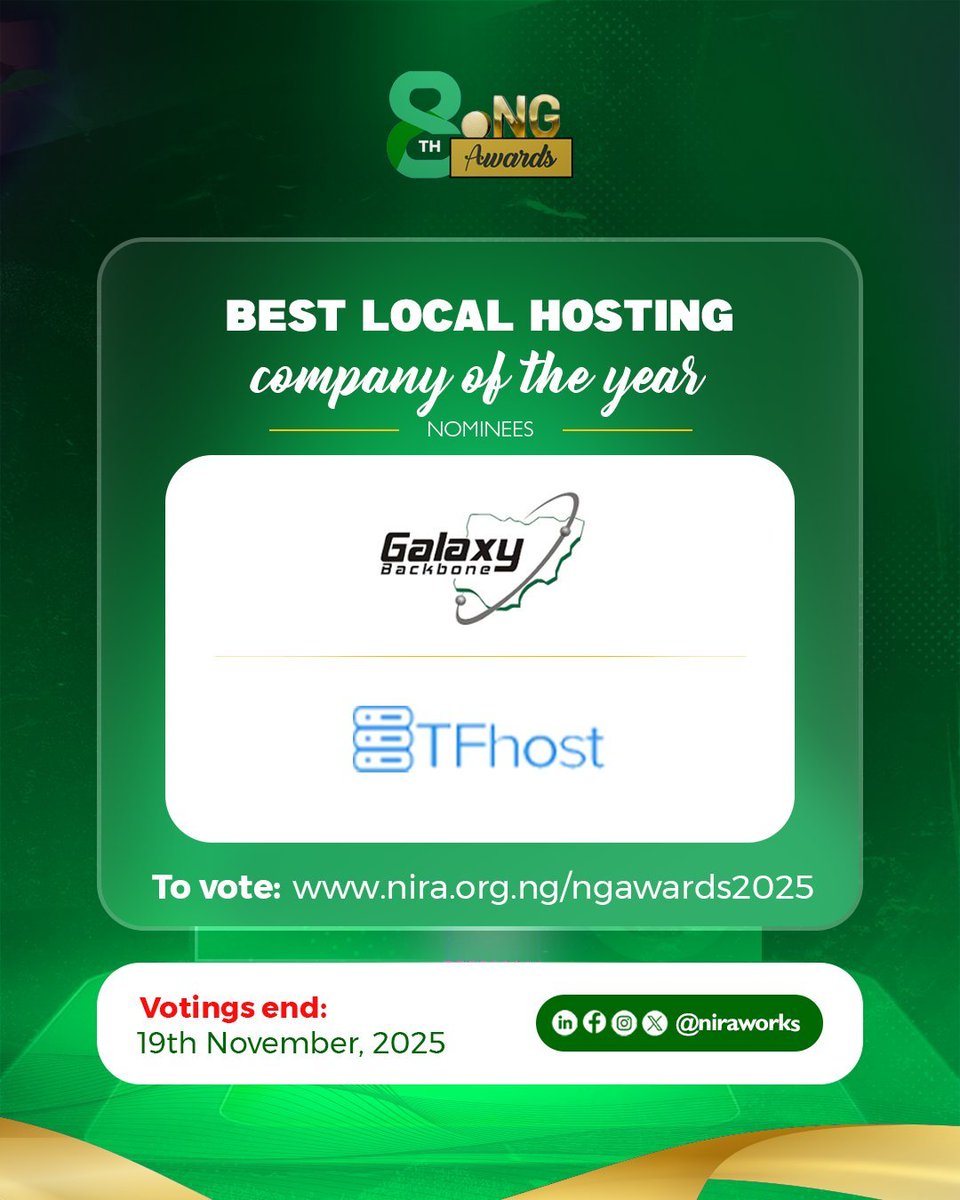 tfhostng's tweet image. Exciting News!
We’re thrilled to share that TFhost has been nominated for “Best Local Hosting Company of the Year” at the 8th .ng Awards! 🏆

Your support means everything. Please vote and help us bring this home 👉 zurl.co/rQAI0

#ngawards2025 #TFhost #WebHosting