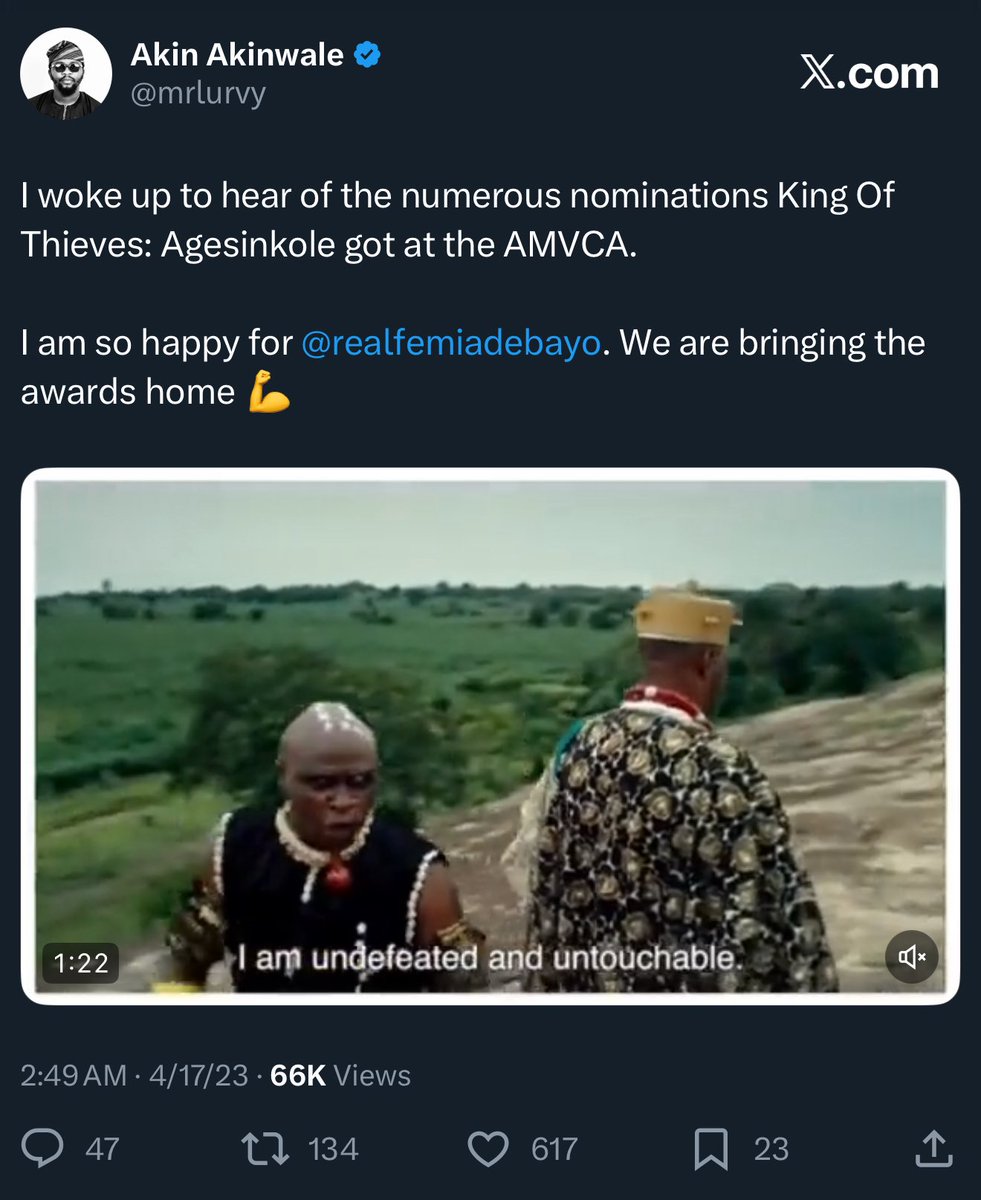 mrlurvy's tweet photo. Sometime in April this year, I got an invitation from @realfemiadebayo’s team to be on set for the filming of King of Thieves 2 (Agesinkole). It was such a rare honour, one I cherished and kept close to my heart.
Now that the movie is finally out, I am beyond excited for the premiere. Agesinkole is back! 👏🔥