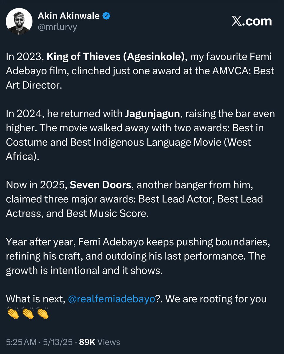 mrlurvy's tweet photo. Sometime in April this year, I got an invitation from @realfemiadebayo’s team to be on set for the filming of King of Thieves 2 (Agesinkole). It was such a rare honour, one I cherished and kept close to my heart.
Now that the movie is finally out, I am beyond excited for the premiere. Agesinkole is back! 👏🔥