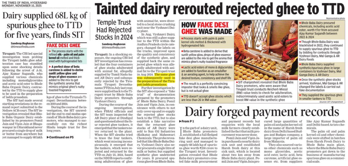CBI confirms adulterated ghee was supplied to Tirumala for 5 years between 2019 and 2024

#TirumalaLaddu issue