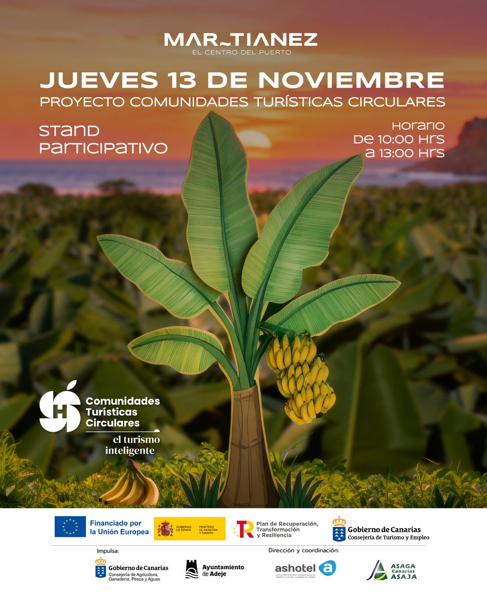 🌿 Este jueves 13 de noviembre te esperamos en @cc_martianez para descubrir el Proyecto Comunidades Turísticas Circulares ♻️

Ven a conocer cómo el turismo y la sostenibilidad pueden ir de la mano y participar en nuestro stand participativo 🌞

🕙 Horario: de 10:00 h a 13:00 h