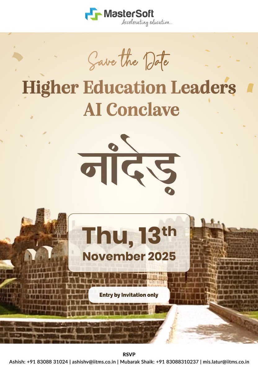 mastersoft_erp's tweet image. Save the Date! 

The Higher Education Leaders #AIConclave – Nanded is happening on 13th November 2025.
An exclusive gathering of leaders shaping the future of Higher Education, AI, and EdTech in India.

📍 Venue: Nanded | 🗓️ Date: 13th November 2025
🔑 Entry: By Invitation Only