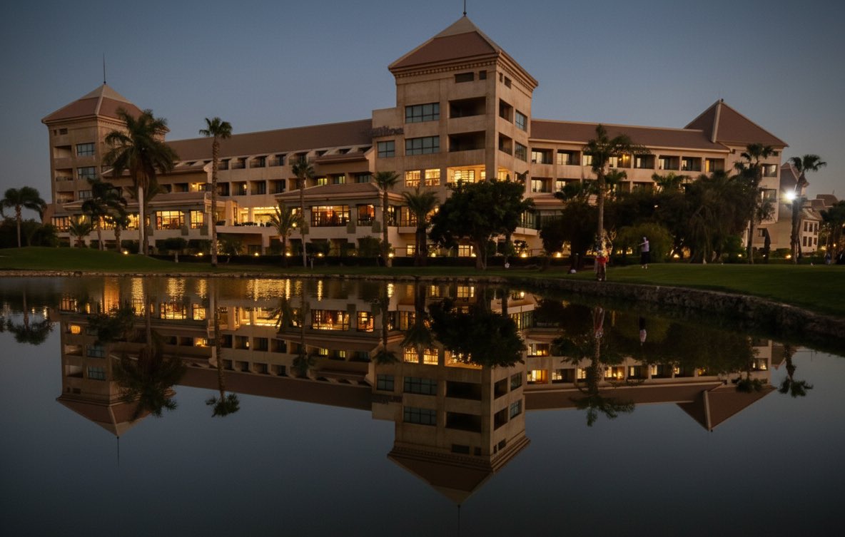 HiltonPyramidsG's tweet image. As night falls, Hilton Pyramids Golf transforms into a vision of elegance — its golden glow shimmering on the water. A serene escape where calmness surrounds you and every detail whispers timeless sophistication.
#HiltonPyramidsGolf #HiltonForTheStay #WeAreHilton #Golf