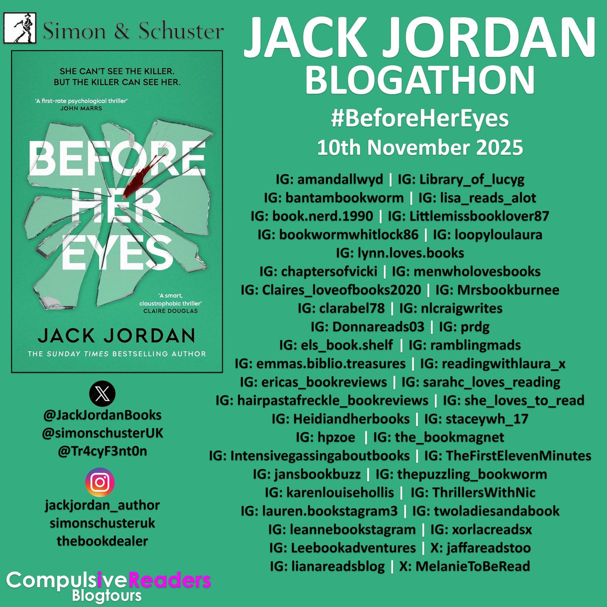 thebookmagnet's tweet image. Today it’s the @Tr4cyF3nt0n @simonschusterUK #Blogathon for #BeforeHerEyes by @JackJordanBooks 📖 
Visit my blog to read my reposted review of this fantastic book:
thebookmagnet.co.uk/2025/11/blogat…