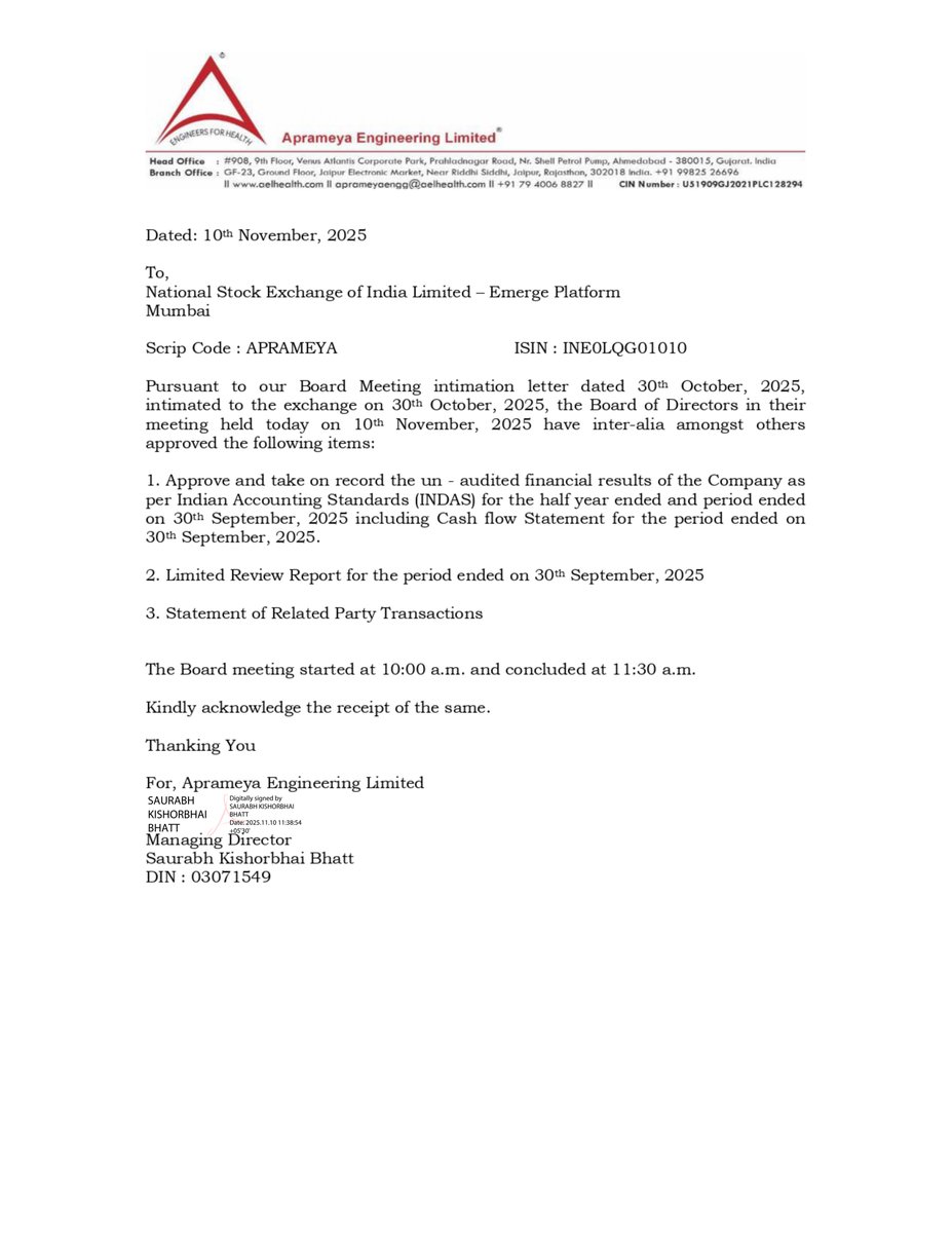 nileshkurhade's tweet photo. π Aprameya Engineering Limited informed the exchange about its approval for the financial results for the period ended September 30, 2025. #SME #APRAMEYA ππ§Ύ https://t.co/xn7DJF0wrA