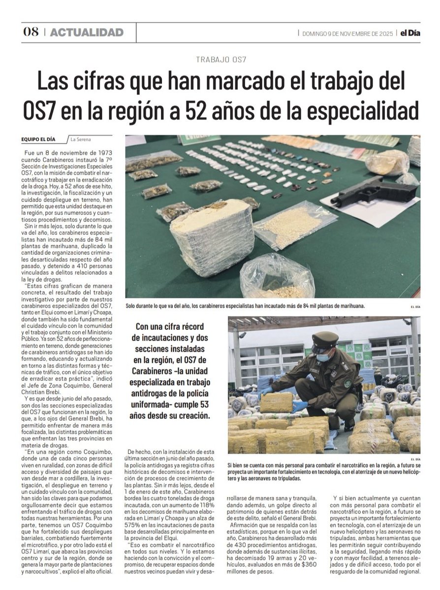 CarabCoquimbo's tweet image. 📰 El pasado 8 de noviembre, el #OS7 cumplió 52 años de trabajo por la erradicación de las drogas y el combate al narcotráfico. En ⬇️ publicación de @eldia_cl repasamos las cifras que han marcado el despliegue de los carabineros especializados en nuestra región. Lee más 👇
