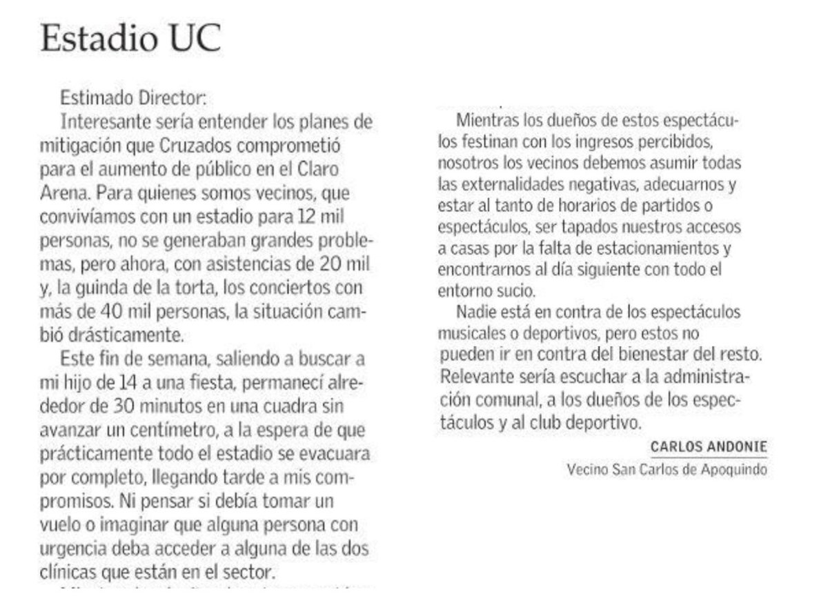 El Mercurio Cartas/Está inquietud no solo afecta a los vecinos de Las Condes; cada una de las familias cuyas viviendas son cercanas a ese estadio, tiene hermanos, tíos, abuelos, amistades que los visitan para sus celebraciones privadas, lo que se ha hecho imposible por la