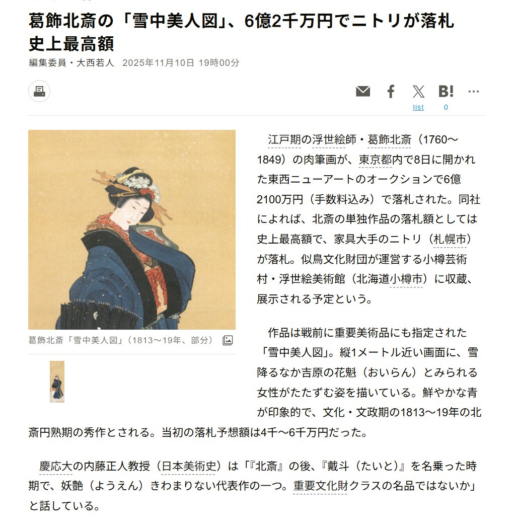 葛飾北斎の「雪中美人図」、6億2千万円でニトリが落札 史上最高額