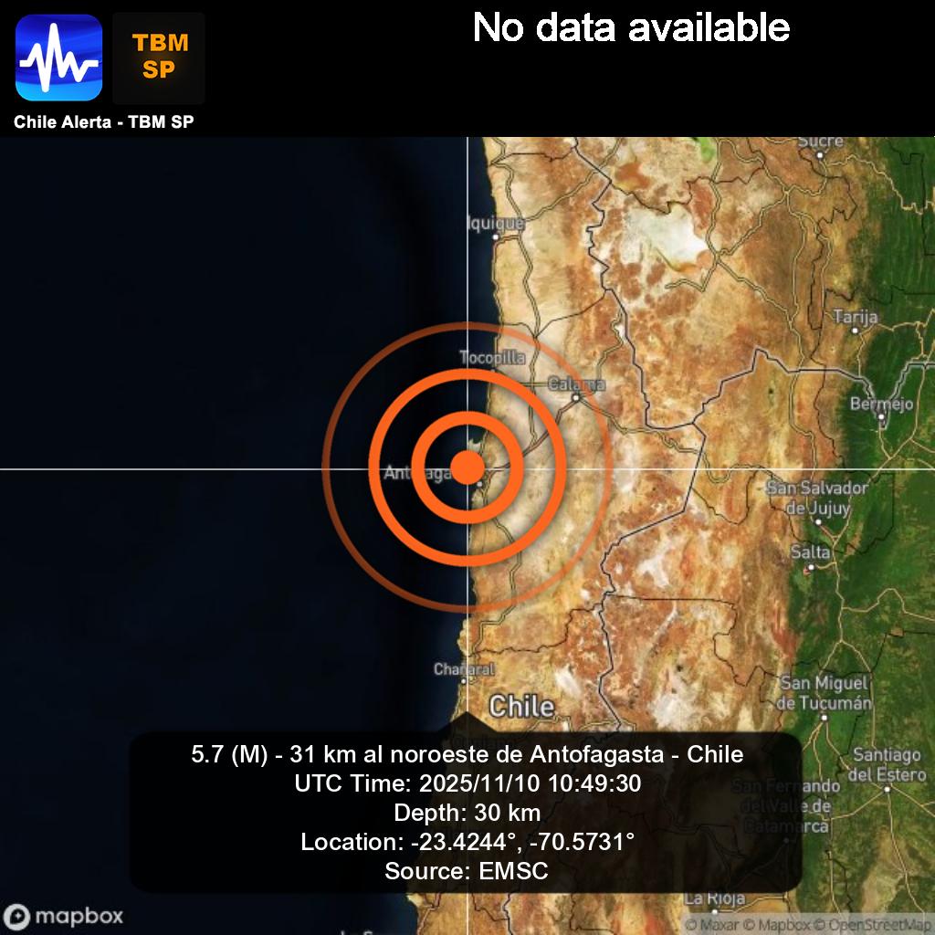 ChileAlertaApp's tweet photo. New #Earthquake. 🌎
5.7 (M) - 31 km al noroeste de Antofagasta - Chile.
2025/11/10 10:49:30 UTC.
App: https://t.co/RblVNxZYn8

🔁 Comparte, comenta y síguenos 👍

#Antofagasta #Chile #earthquake #sismo #temblor #terremoto https://t.co/uj3M0Z3p4h
