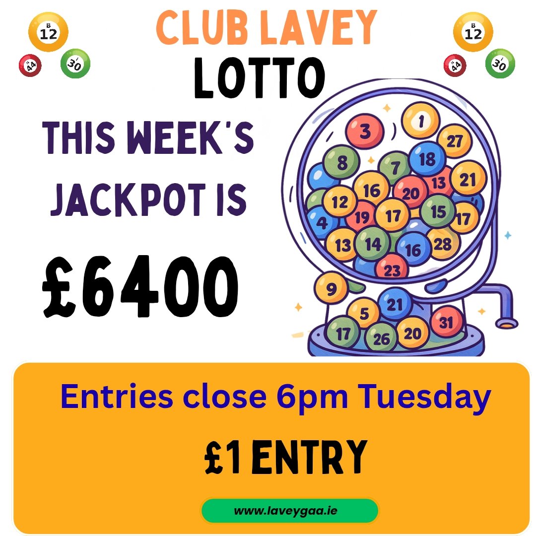 🎉💰 CLUB LAVEY LOTTO TIME! 💰🎉
Feeling lucky? 🤞 This week’s jackpot is a massive £6400! 💸

👉 Enter now at klubfunder.com/Clubs/Erins_Ow…

Who knows… it could be your lucky numbers this week! 🍀
#ClubLaveyLotto #LaveyGAA #WinBig #FeelingLucky #SupportLocal