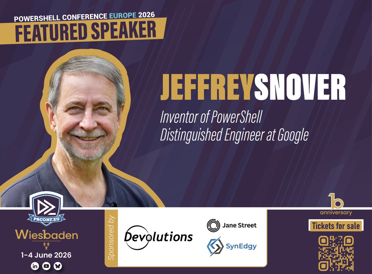 PSConfEU's tweet image. He’s back. 👔

The man who started it all — @jsnover, Inventor of #PowerShell, will open #PSConfEU 2026 in #Wiesbaden with the keynote you don’t want to miss.

🎟️ Tickets now available → psconf.eu
#Automation #IT #Germany #Europe