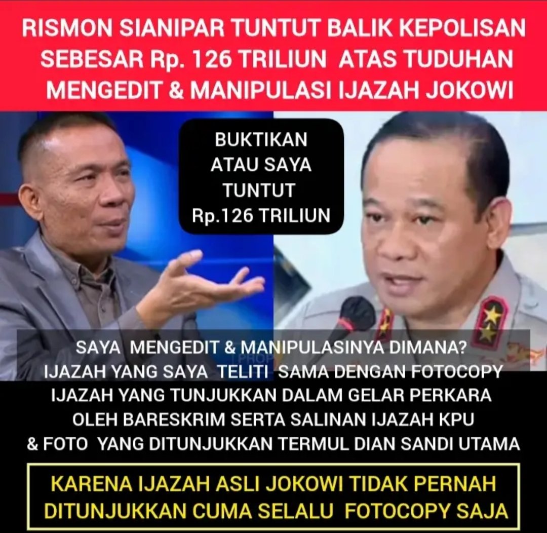 Polri diterpa prahara gara gara kasus ijazah jokowi.
Dianggap oleh para ahli hukum pidana penetapannya tersangka Roy cs  tidak sah, kini Rismon akan menuntuk balik polisi atas tuduhan mengedit dan memanipulasi ijazah jokowi.