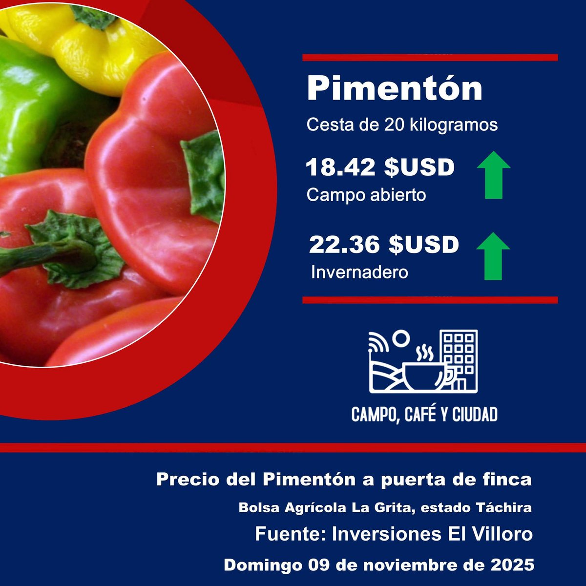 campocafeciudad's tweet photo. Precio referencial del Pimentón (cesta de 20 kilogramos) a puerta de finca. Bolsa Agrícola La Grita, estado Táchira. Venezuela.
Fecha: domingo #09Nov
Fuente: Inversiones El Villoro – Instagram @inversioneselvilloro
#Venezuela #Agricultura #AgroEconomía #CampoCafeCiudad https://t.co/ZV1zRkCfvv