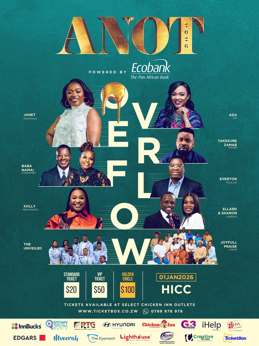 It’s time to step into…. OVERFLOW 🌊🌊🌊💃💃💃💃

ANOT 2026 is upon us and here are the amazing ministers joining us!!!! 💃💃💃💃💃

Powered by <a href="/EcobankZW/">Ecobank Zimbabwe</a>, we will step into 2026 with lifted hands and hearts overflowing with gratitude!🙌🙌🙌

Your physical tickets await you from