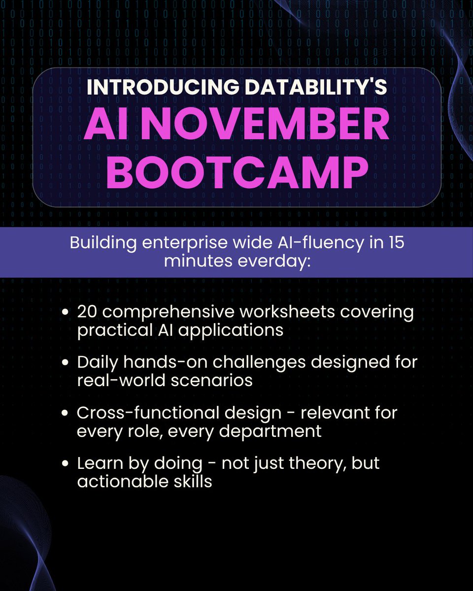 DatabilityCo's tweet image. AI is transforming workplaces everywhere.

At Datability, we’re not watching from the sidelines - we’re learning, experimenting and leading the change together.🚀

This November, we’ve launched the #Ainovember Bootcamp.

See how we are gearing up for the #FutureOfWork .