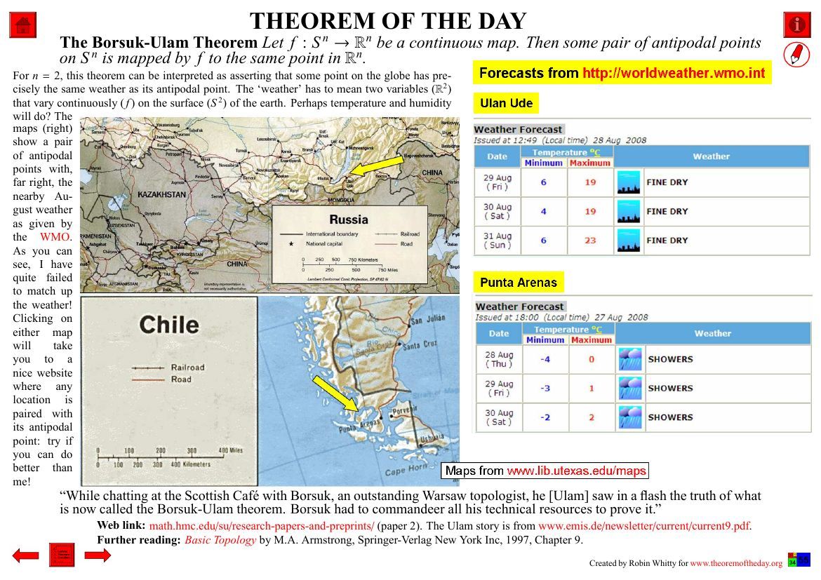 Theorem of the Day (November 10, 2025) : The Borsuk–Ulam Theorem
Source : Theorem of the Day / Robin Whitty
pdf : theoremoftheday.org/Topology/Borsu…
notes : theoremoftheday.org/Resources/Theo… 

#mathematics #maths #math #theorem