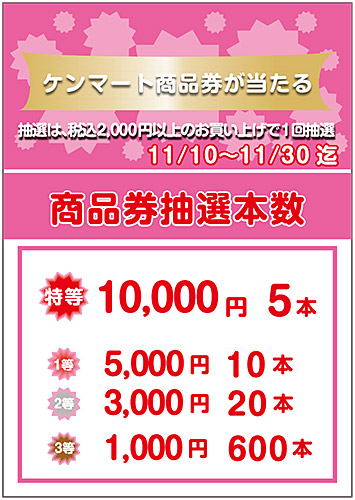 お得な情報》 11/10（本日）~11/30迄、ケンマート商品券が当たる抽選会