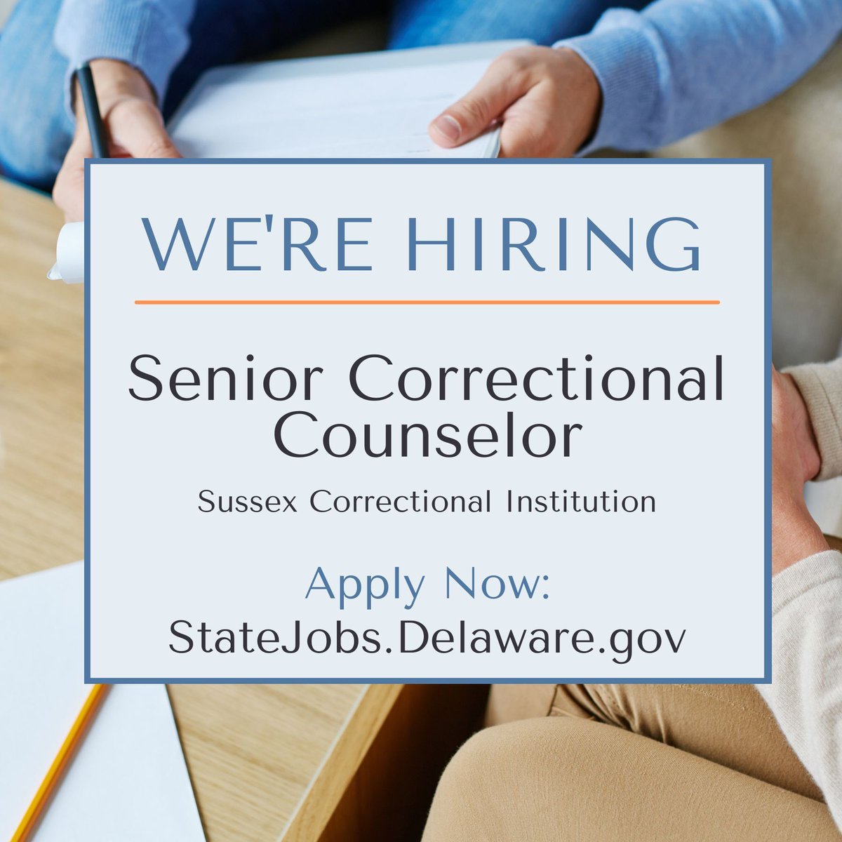 DECorrection's tweet image. The Delaware DOC is seeking a Senior Correctional Counselor at Sussex Correctional Institution. This role involves professional counseling and rehabilitation work with adult incarcerated individuals.

👉 For details, and to apply, click here: jobapscloud.com/DE/?Keyword=&amp;amp;L…

#DelawareDOC