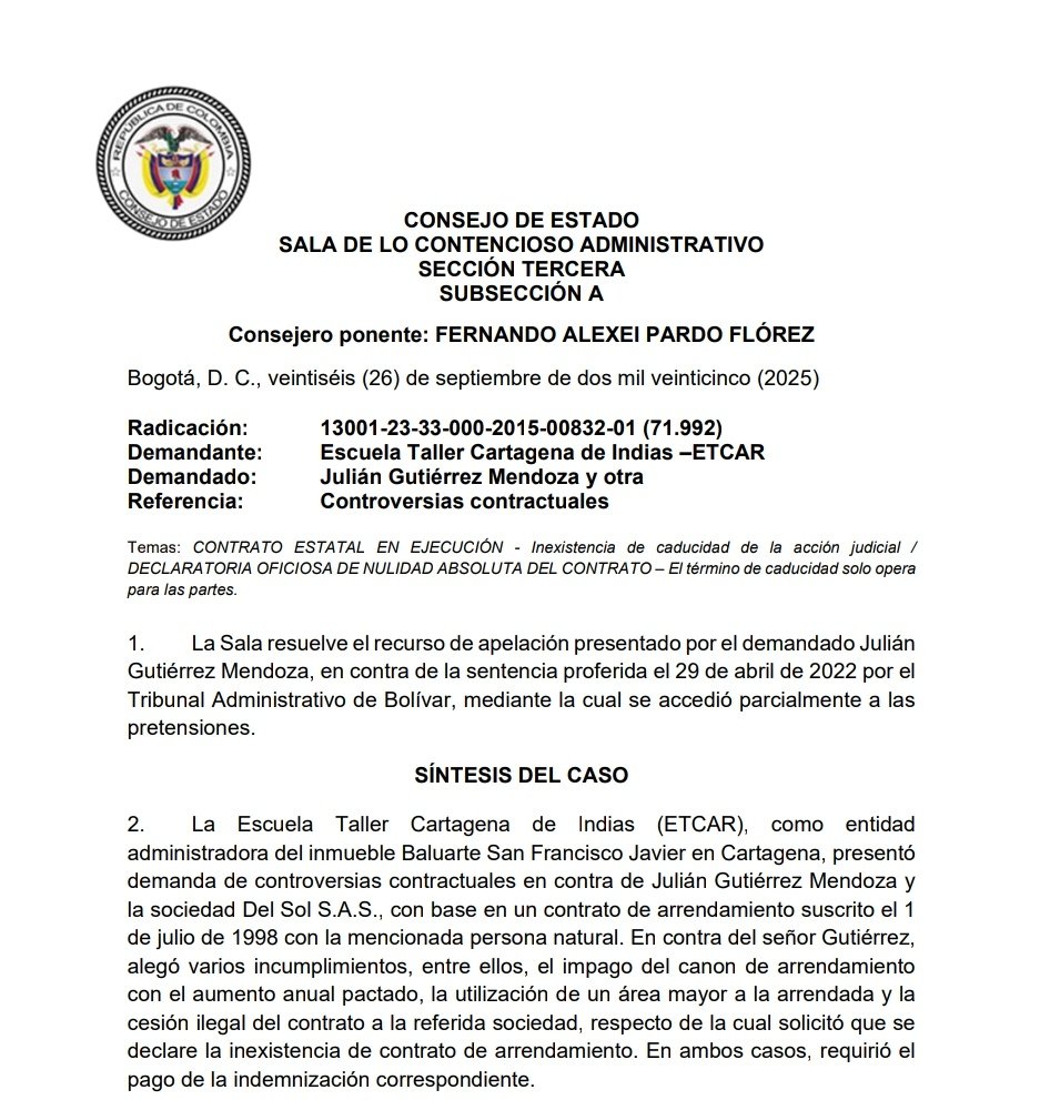 Contrato estatal de arrendamiento/Facultad oficiosa del juez para declarar la nulidad absoluta del contrato no está sometida al término de caducidad de la acción
drive.google.com/file/d/1zygMbE…
