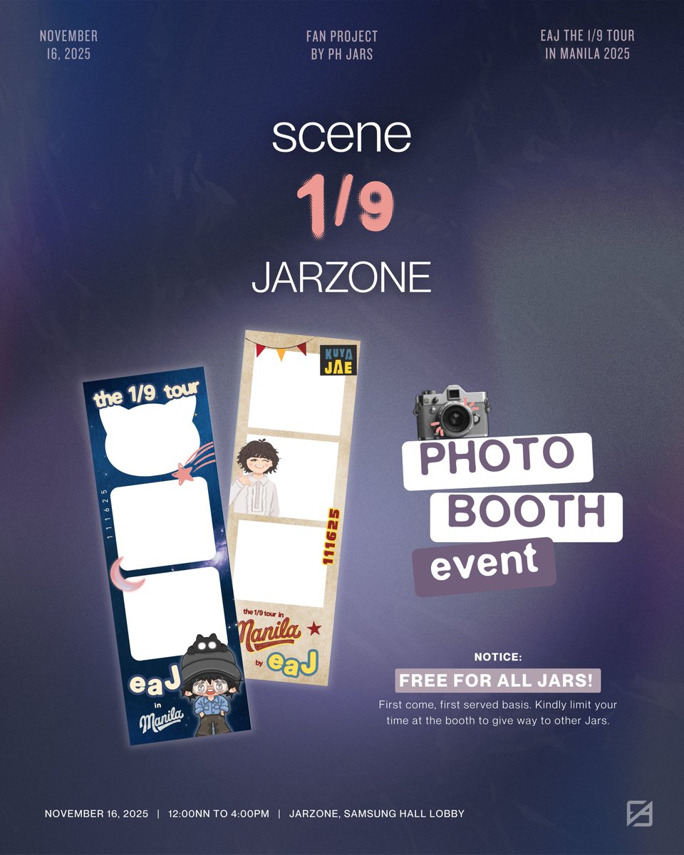 eaJPark_PH's tweet photo. 𝗦𝗖𝗘𝗡𝗘 𝟬𝟲: 𝗝𝗔𝗥𝗭𝗢𝗡𝗘

JARS, it’s time to make memories that last a lifetime! ✨ Step into the 𝗝𝗔𝗥𝗭𝗢𝗡𝗘 𝗣𝗵𝗼𝘁𝗼 𝗕𝗼𝗼𝘁𝗵 and become the star of your own scene, whether you’re striking a pose solo or creating unforgettable moments with your fellow JARS!

Let’s give Tito Jae the warmest welcome, filled with bright smiles and overflowing love! Don’t forget to share your snaps using the official tags. 📸

📍 JARZONE, Samsung Hall Lobby
📅 November 16, 2025 | 12:00NN – 4:00PM

#eaJinManila #eaJ #eaJPark
#the1outof9tourinMANILA