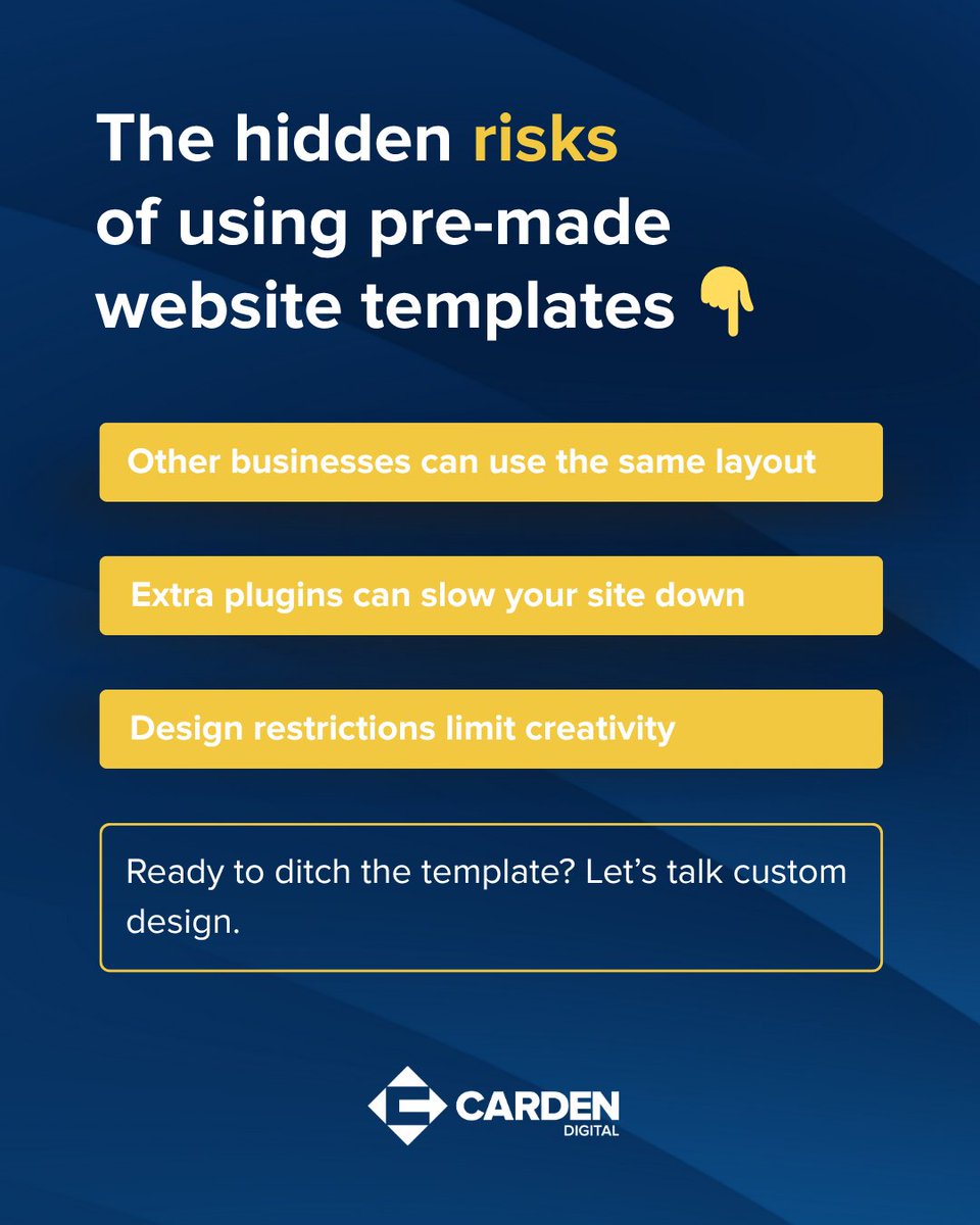 CardenDigital's tweet photo. Why pre-made website templates usually aren’t a good idea 👇

They might seem like a quick and affordable fix, but pre-made templates often come with hidden risks:

⚠️ The template creator may still have backend access
🐌 Extra plugins can slow your site down
🎨 Design restrictio https://t.co/pTSvLafhtp