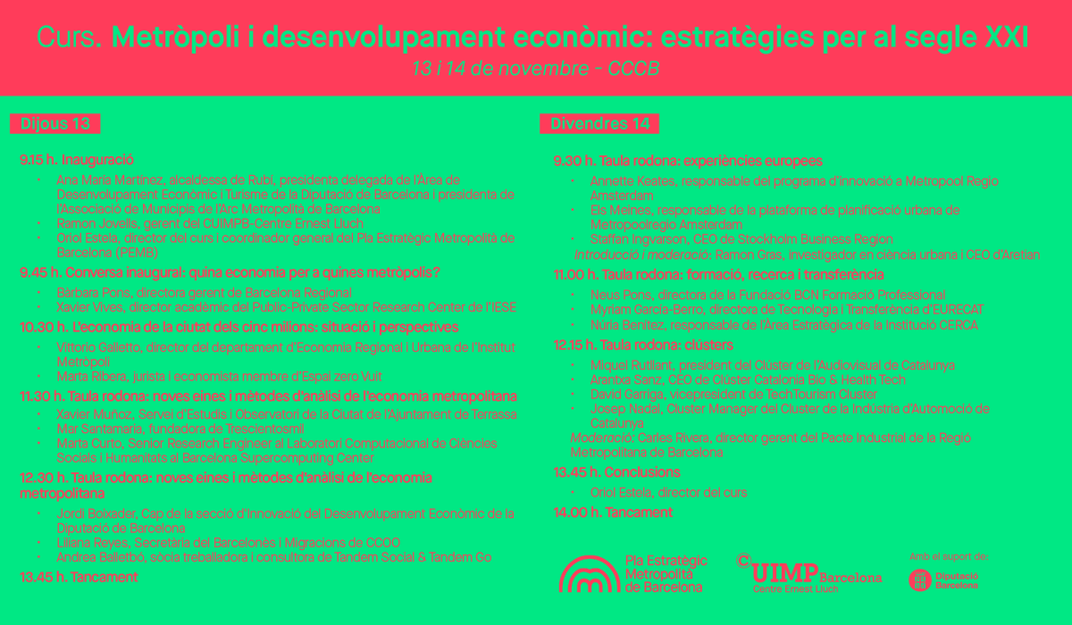 🗓️ Aquesta setmana ➡️ Curs 'Metròpoli i desenvolupament econòmic: estratègies per al segle XXI'!

📚 Parlarem de quina economia volem per a la regió metropolitana, de desigualtats i de transferència de coneixement, entre d'altres. T'ho perdràs?

Apunta't: f.mtr.cool/kgxtycxxrr