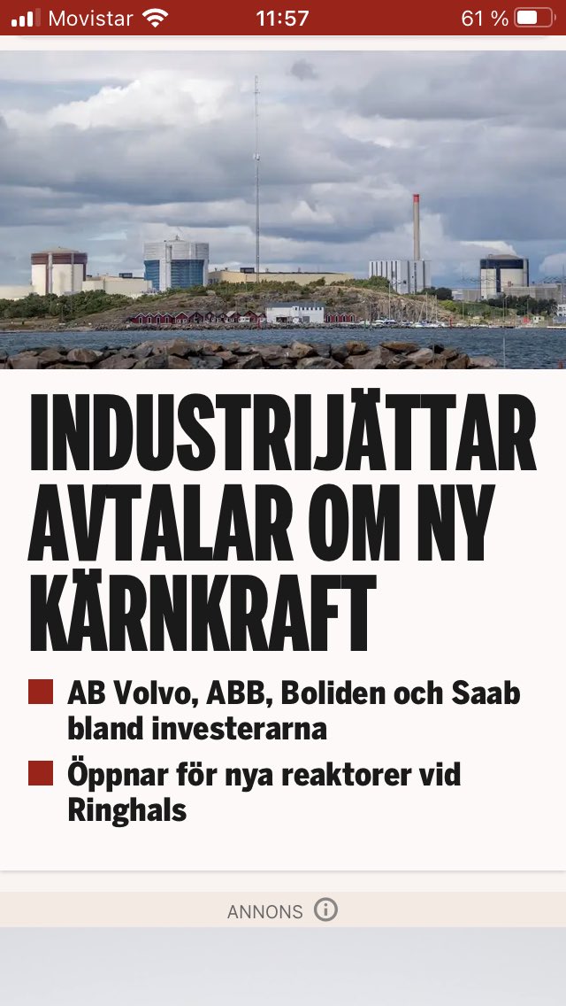 ⚠️Ny kärnkraft!

Nio storbolag – däribland AB Volvo, ABB, Boliden och Saab – köper 20 procent i Vattenfalls kärnkraftsbolag Viderberg Kraft. Därmed tas ytterligare ett steg mot nya reaktorer i Sverige.

- vi måste ha ren billig el dygnet runt för att våra företag skall överleva.