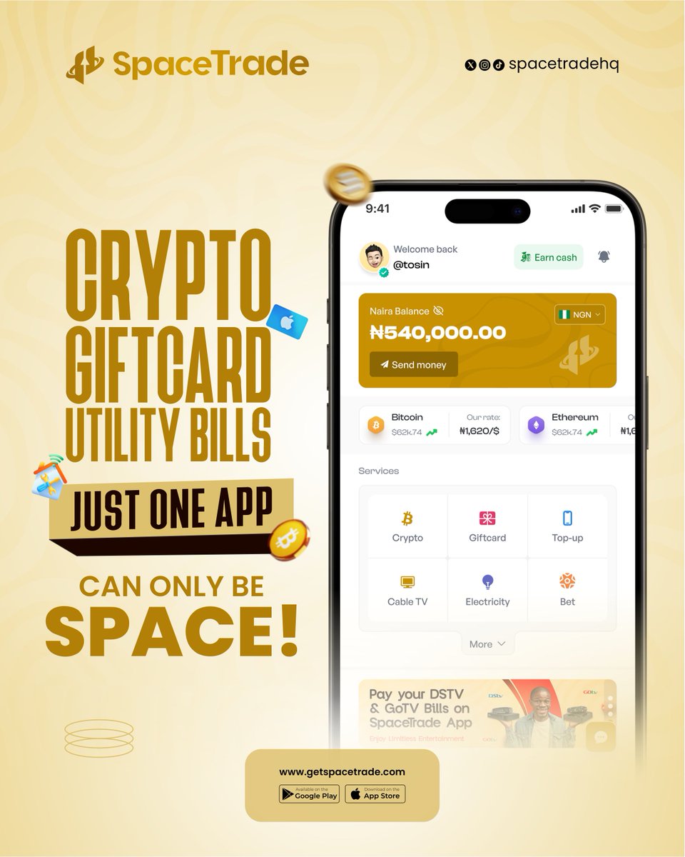 One app. Endless possibilities.
Buy and sell crypto, trade giftcards, and pay bills instantly with SpaceTrade 🚀

No stress, no delays. Stay in control and make every transaction smarter.
Download SpaceTrade today 📱