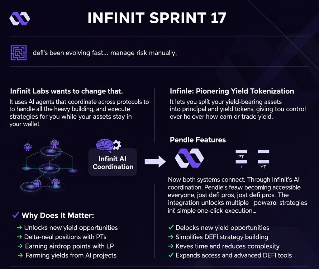 INFINIT SPRINT 17

defi’s been evolving fast, but let’s be honest, most yield strategies still feel like a maze. you have to track rates, move assets, bridge chains, and manage risk manually. 

<a href="/Infinit_Labs/">INFINIT</a> wants to change that.

it uses ai agents that coordinate across