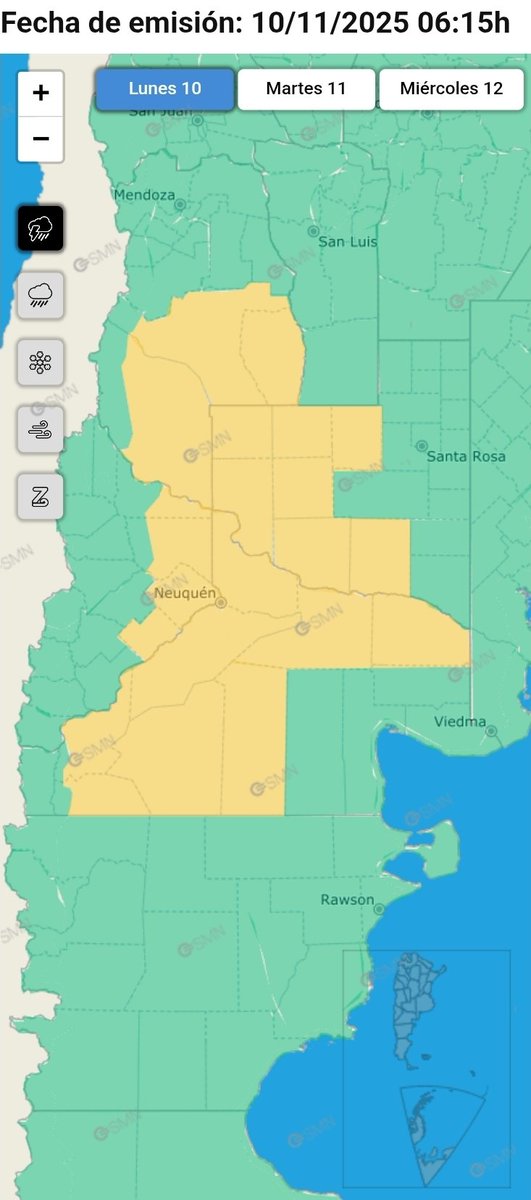 10 NOV ⚠️ #Alerta para hoy:

⛈️ #Tormenta
⚠️ Lluvias intensas
🟨 15-40 mm con ráfagas ≥ 60 km/h en algunos sectores
🧊 Granizo

📲 Más info y recomendaciones: smn.gob.ar/alertas