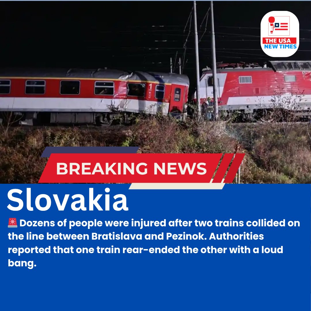 THEUSANEWTIMES's tweet image. Dozens injured after a major train collision in Slovakia. Authorities say one train rear-ended another with a loud impact on the line between Bratislava and Pezinok.

#BreakingNews #TrainCrash #Slovakia #Bratislava #Pezinok