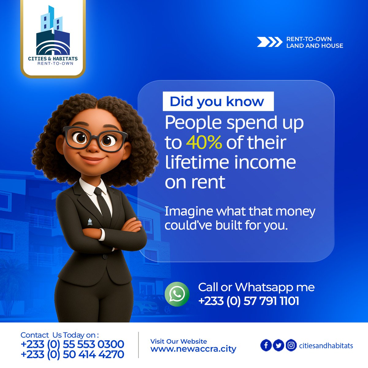 cities_habitats's tweet photo. Did you know?
People spend up to 40% of their lifetime income on rent.

👉 Secure your plot today from ₵3,250/month with Cities &amp; Habitats.

📞 Call or WhatsApp us today to start your homeownership journey

#CitiesAndHabitats #BuildYourFuture #AffordableHomes #RealEstateGhana https://t.co/QA0JKEqFgP