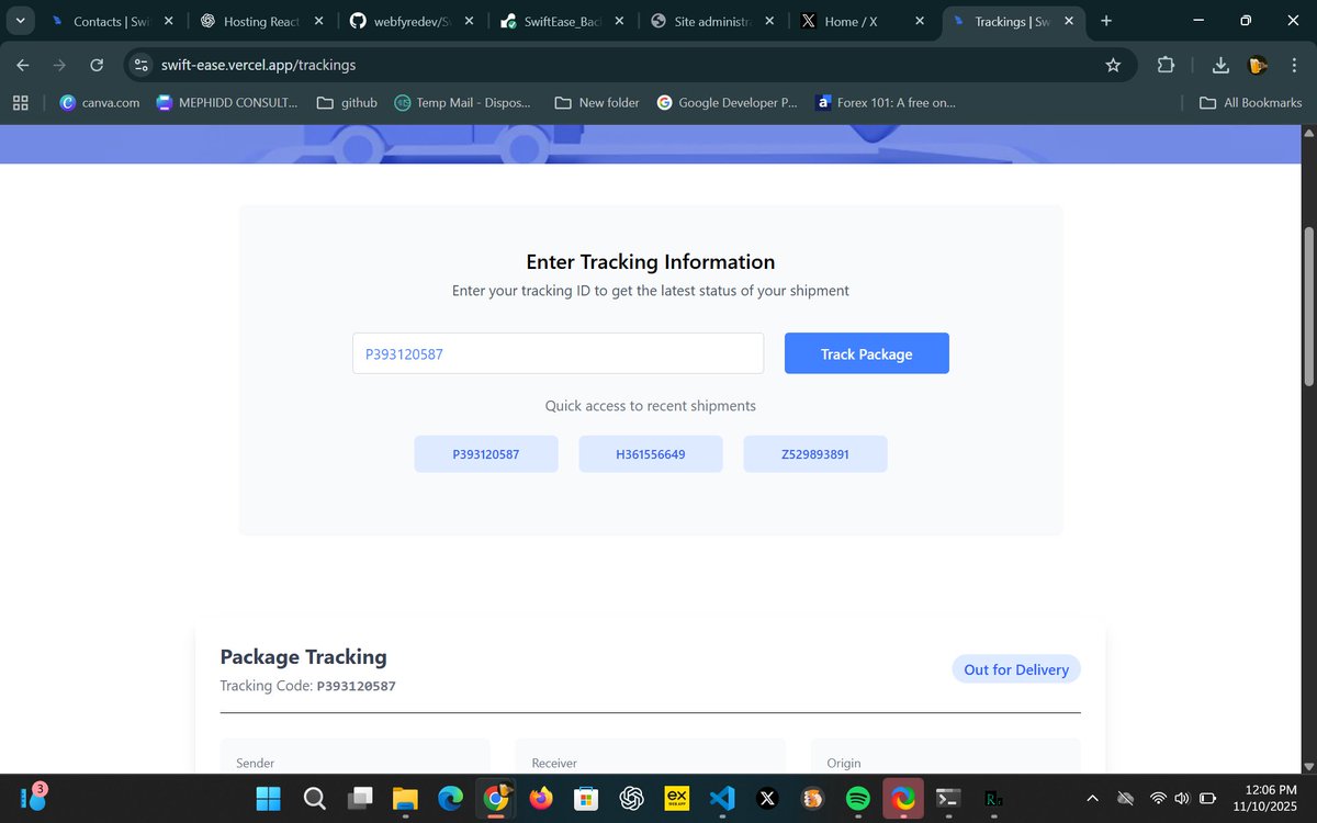 WebFyreDev's tweet image. I just deployed my full-stack logistics platform built with Django (backend) and React (frontend).
Fast, reliable, and optimized for smooth deliveries.
Proud of this milestone! ✅
Live-link : swift-ease.vercel.app
#WebDevelopment #React #Django #developer