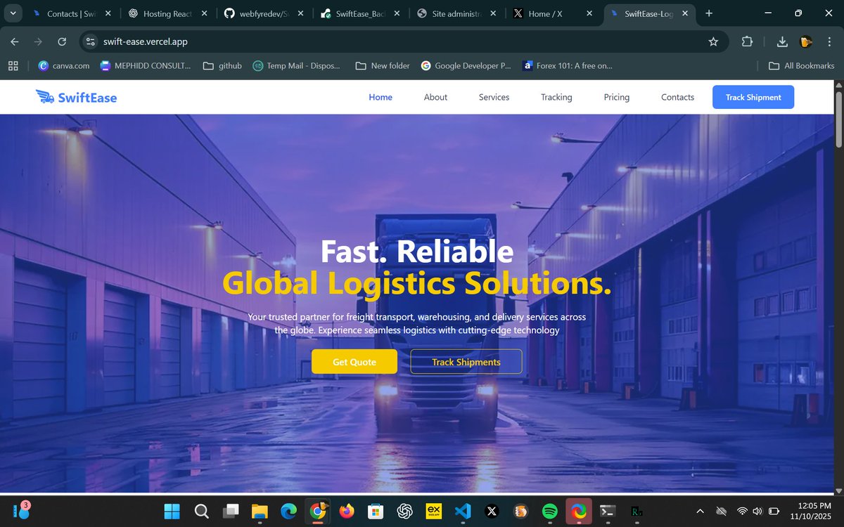 WebFyreDev's tweet image. I just deployed my full-stack logistics platform built with Django (backend) and React (frontend).
Fast, reliable, and optimized for smooth deliveries.
Proud of this milestone! ✅
Live-link : swift-ease.vercel.app
#WebDevelopment #React #Django #developer