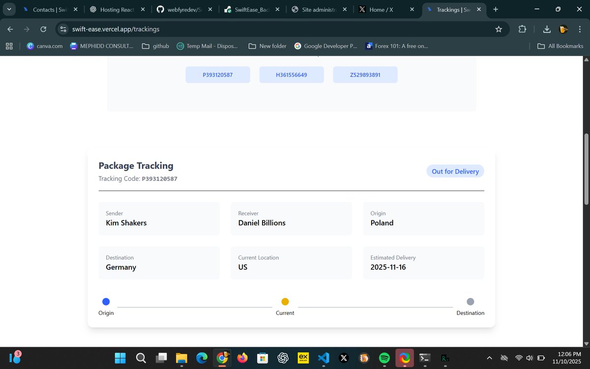 WebFyreDev's tweet image. I just deployed my full-stack logistics platform built with Django (backend) and React (frontend).
Fast, reliable, and optimized for smooth deliveries.
Proud of this milestone! ✅
Live-link : swift-ease.vercel.app
#WebDevelopment #React #Django #developer