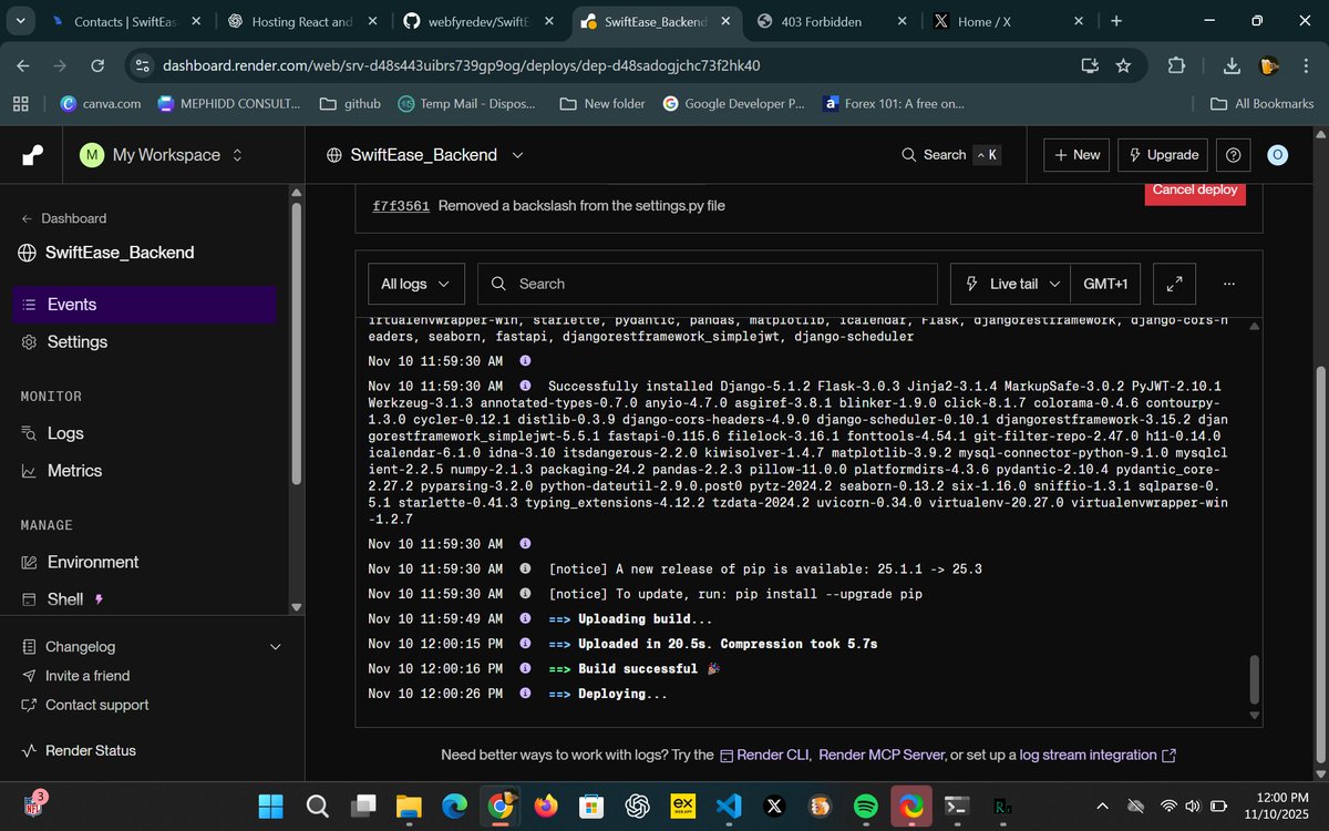 WebFyreDev's tweet image. I just deployed my full-stack logistics platform built with Django (backend) and React (frontend).
Fast, reliable, and optimized for smooth deliveries.
Proud of this milestone! ✅
Live-link : swift-ease.vercel.app
#WebDevelopment #React #Django #developer