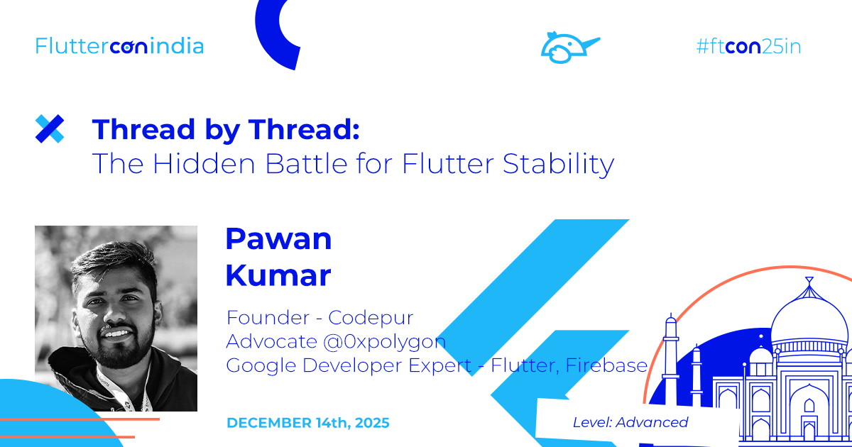 FlutterconWorld's tweet image. This isn’t just another talk— @imthepk is set to challenge everything you know about #Flutter 🚀 Discover what really breaks #Flutter apps &amp;amp; how to make yours crash-proof from runApp() to scale only at #ftconin25! india.fluttercon.dev/speakers/pawan…