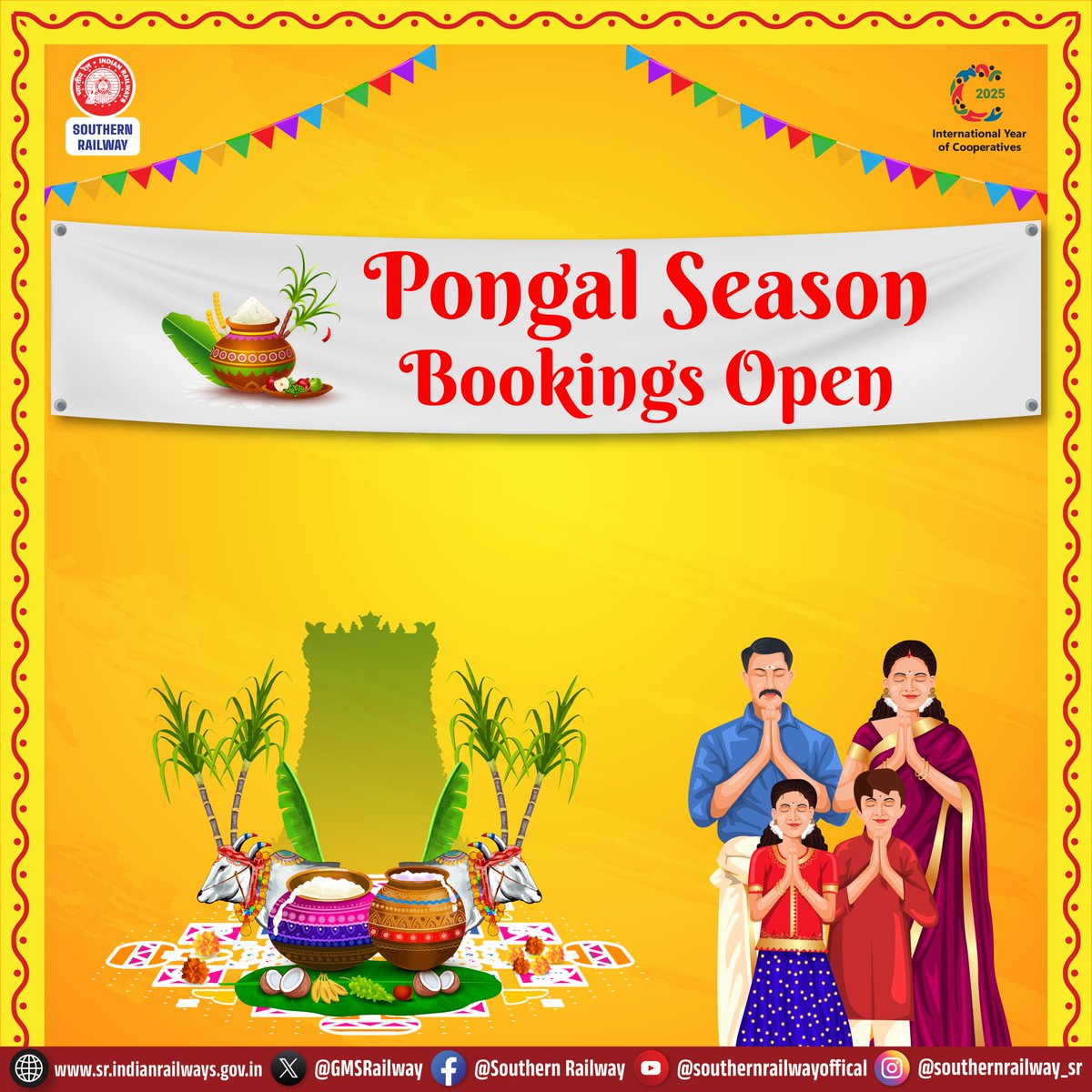 GMSRailway's tweet image. ✨ Celebrate the joy of Pongal with your loved ones!

🎟 Reserve your tickets early and travel hassle-free this festive season.

Pongal Season Bookings Open!

#SouthernRailway #IndianRailways #Pongal2025 #PongalTravel #FestivalOfHarvest #BookEarly #SafeTravel #PongalVibes…