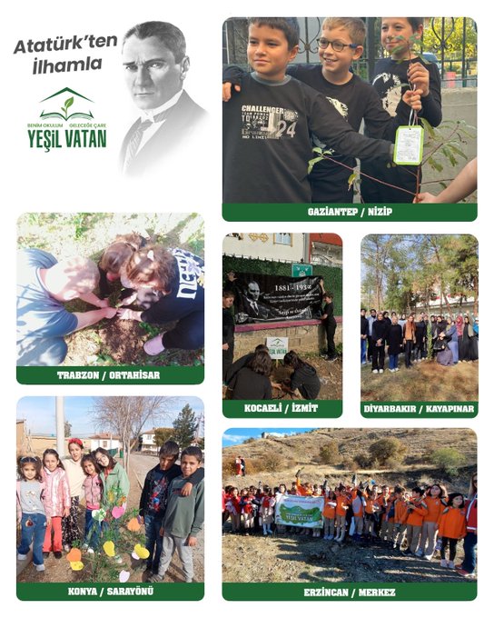 Multiple collage images show groups of students and adults planting tree saplings in outdoor settings across various Turkish provinces. A portrait of Atatürk in formal attire is overlaid in the top left of each image with Turkish text reading Atatürkten İlhamla Yeşil Vatan and a house-like logo. Scenes include children digging holes and placing saplings in soil in Tekirdağ Çorlu, Çorum, Sarıyer Kocaeli, Kırklareli Merkez, Van Tuşba, Samsun Atakum, Mersin Akdeniz, Antalya Muratpaşa, Trabzon Öyşar, Kocaeli İzmit, Diyarbakır Kayapınar, Erzurum, Erzincan, Siirt, Batman, Mardin, Iğdır, and other locations. Participants wear school uniforms or casual clothes, holding shovels and banners. One image shows a heart-shaped tree formation in Samsun Atakum.