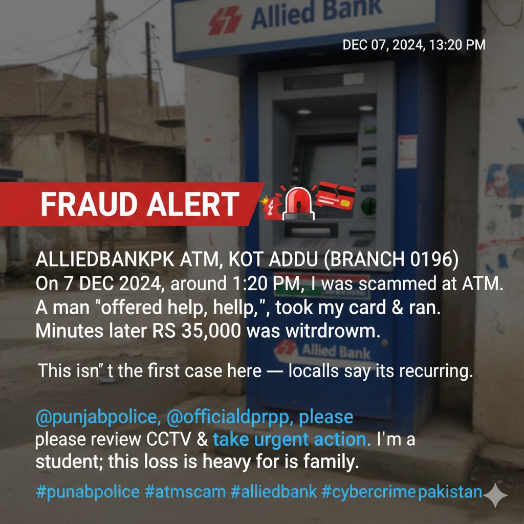 mudassir7abeer's tweet photo. I’m a student, and this was my family’s hard-earned money.

Such scams keep happening at the same ATM — people deserve safety.

Please act fast, @OfficialDPRPP  @GovtofPakistan @MoIB_Official
@CMComplaintCell
@geonews_urdu

#PunjabPolice #CyberCrime #Justice https://t.co/d4a04gEBwo