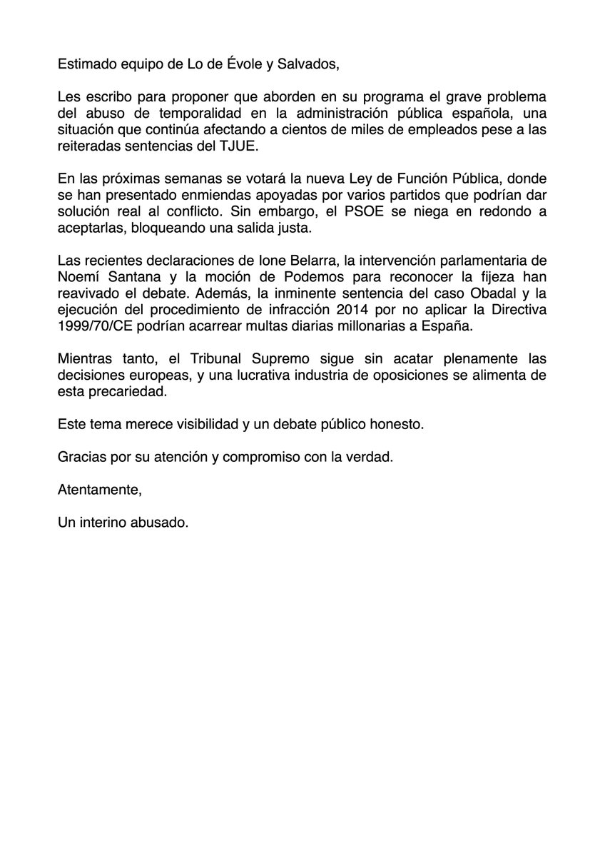 <a href="/jordievole/">Jordi Évole</a> <a href="/FerGonzo/">Fer González Gonzo</a> 
FIJEZA YA! Basta de abuso. 700k trabajadores en abuso. 26 años sin trasponer directiva 1999/70.  Supremo ignorando las sentencias del TJUE. Caso Obadal. Enmiendas a la ley de FP. <a href="/PSOE/">PSOE</a> actitud vergonzosa.
<a href="/noepmp/">Noemí Santana Perera</a> <a href="/ionebelarra/">Ione Belarra</a> <a href="/fijeza_arauz/">JAVIER ARAUZ #FIJEZAYA</a> <a href="/gerardo_perez_s/">Gerardo PérezSánchez</a>