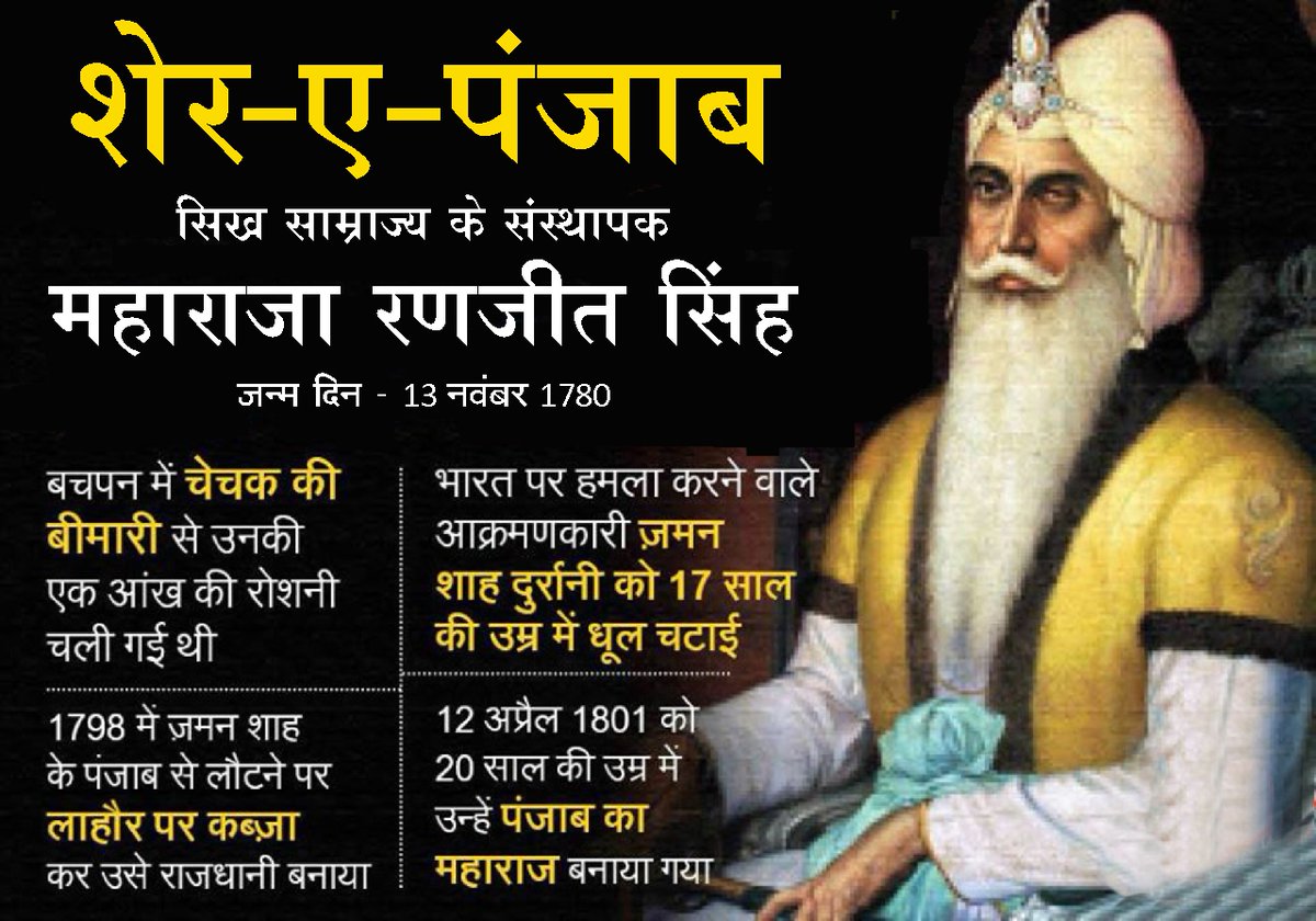 vskgujarat's tweet image. शेर-ए-पंजाब महाराजा रणजीत सिंह / जन्म दिवस - 13 नवम्बर 1780
 
रणजीत सिंह ने अपने शौर्य, पराक्रम, सूझबूझ और कूटनीति से सिख राज्य की सीमाएँ अटक, पेशावर, काबुल और जमरूद तक पहुँचा दी थीं।
vskgujarat.com/?p=5479