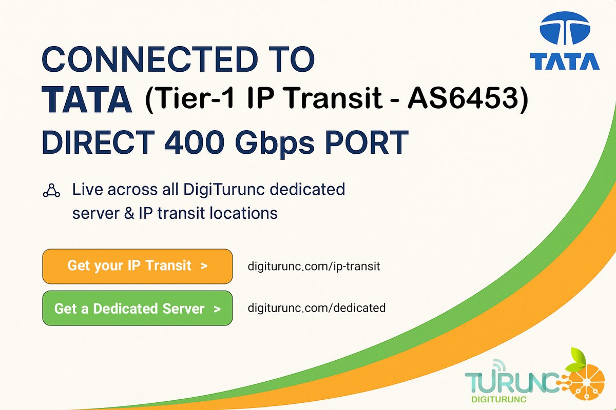 DigiTurunc's tweet photo. Big news: 400 Gbps direct to #TATA (Tier-1 IP Transit - AS6453) — now live across all #DigiTurunc dedicated server &amp; IP transit locations. Lower latency, smarter routes, more capacity.

Get yours:
https://t.co/TveiFfOSVd
https://t.co/sjpDeXicki

#DedicatedServers #IPTransit https://t.co/nAF1OXlK7n