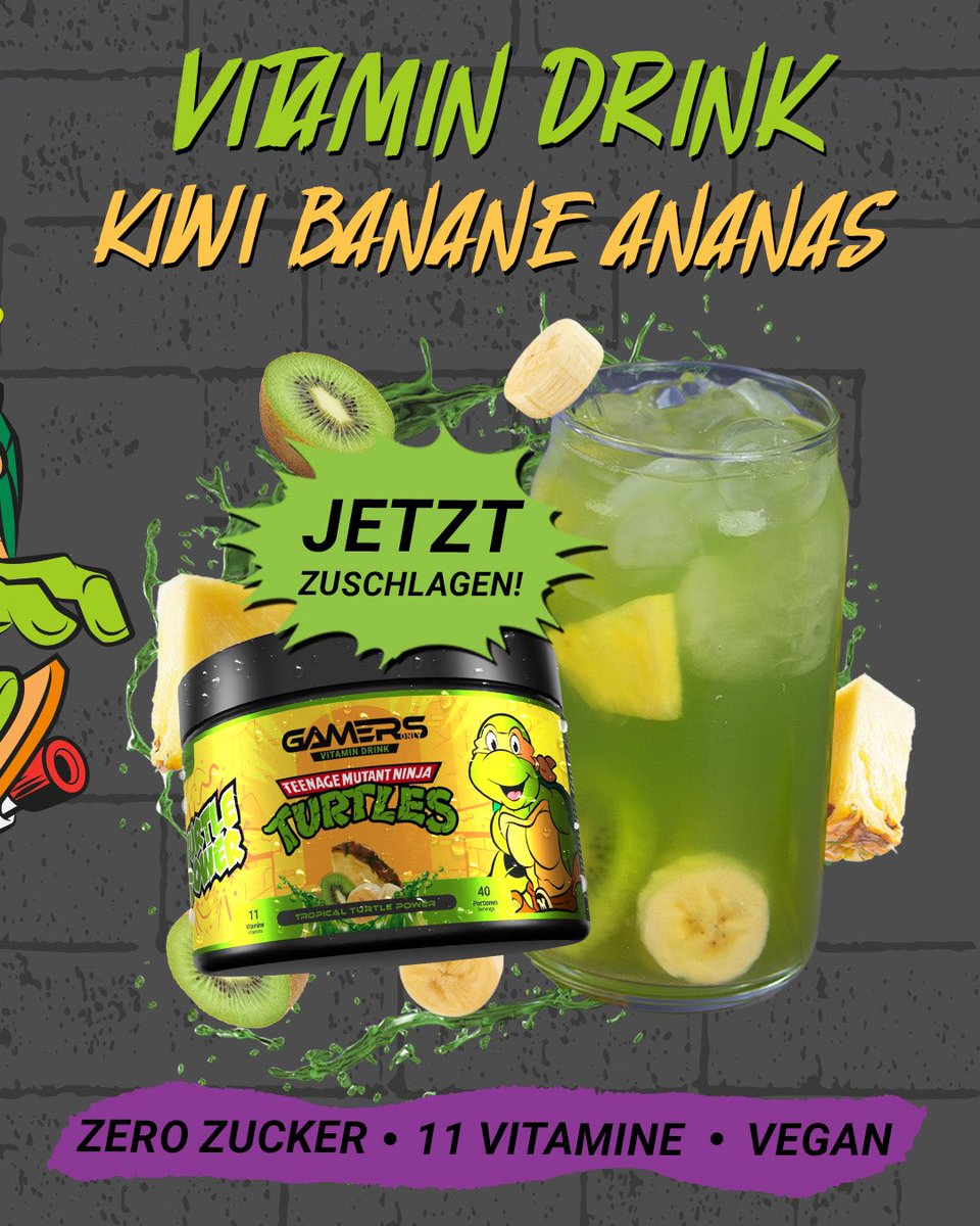 COWABUNGA! JETZT AUCH OHNE KOFFEIN! 🐢💥

Ab sofort gibt's die volle Turtle Power auch für alle, die's ohne Koffein lieben! Sichere dir jetzt den brandneuen Vitamin Drink Teenage Mutant Ninja Turtles TROPICAL Turtle Power – mit 12 Vitaminen für deinen perfekten Tag! 🍍🍌🥝